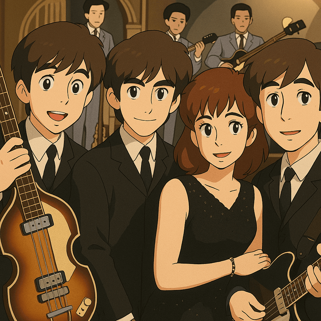 Paul, John and George of the beatles with instruments, and a female friend