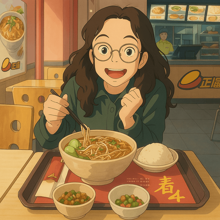 Yuanyuan joyfully eating noodles at a fast-food noodle bar in Shenzhen