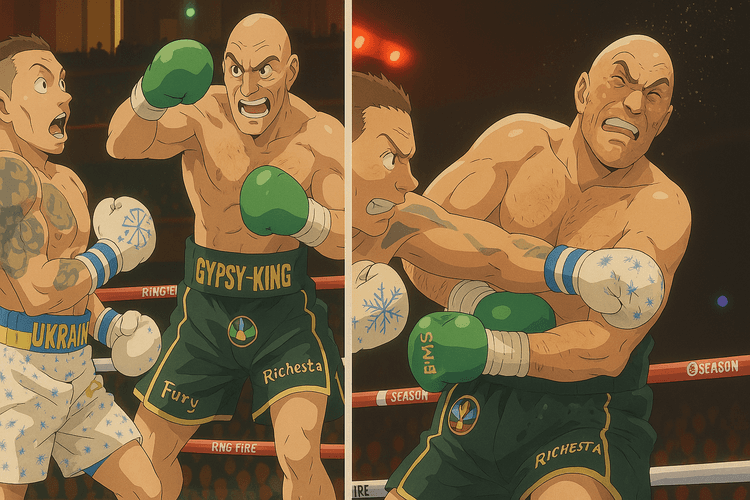 A Ghibli-style boxing match between two heavyweight champions