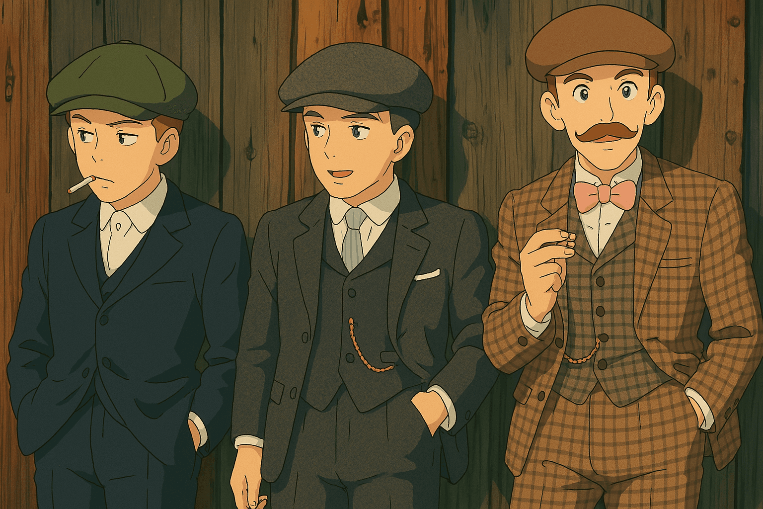 Three of the Peaky Blinders leaning on a fence, looking dapper, smoking
