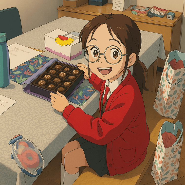 Jasmine in a red cardigan opens a box of chocolates at the kitchen table
