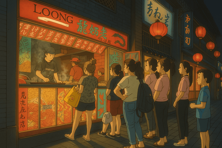 A bustling Beijing night market glowing with red lanterns