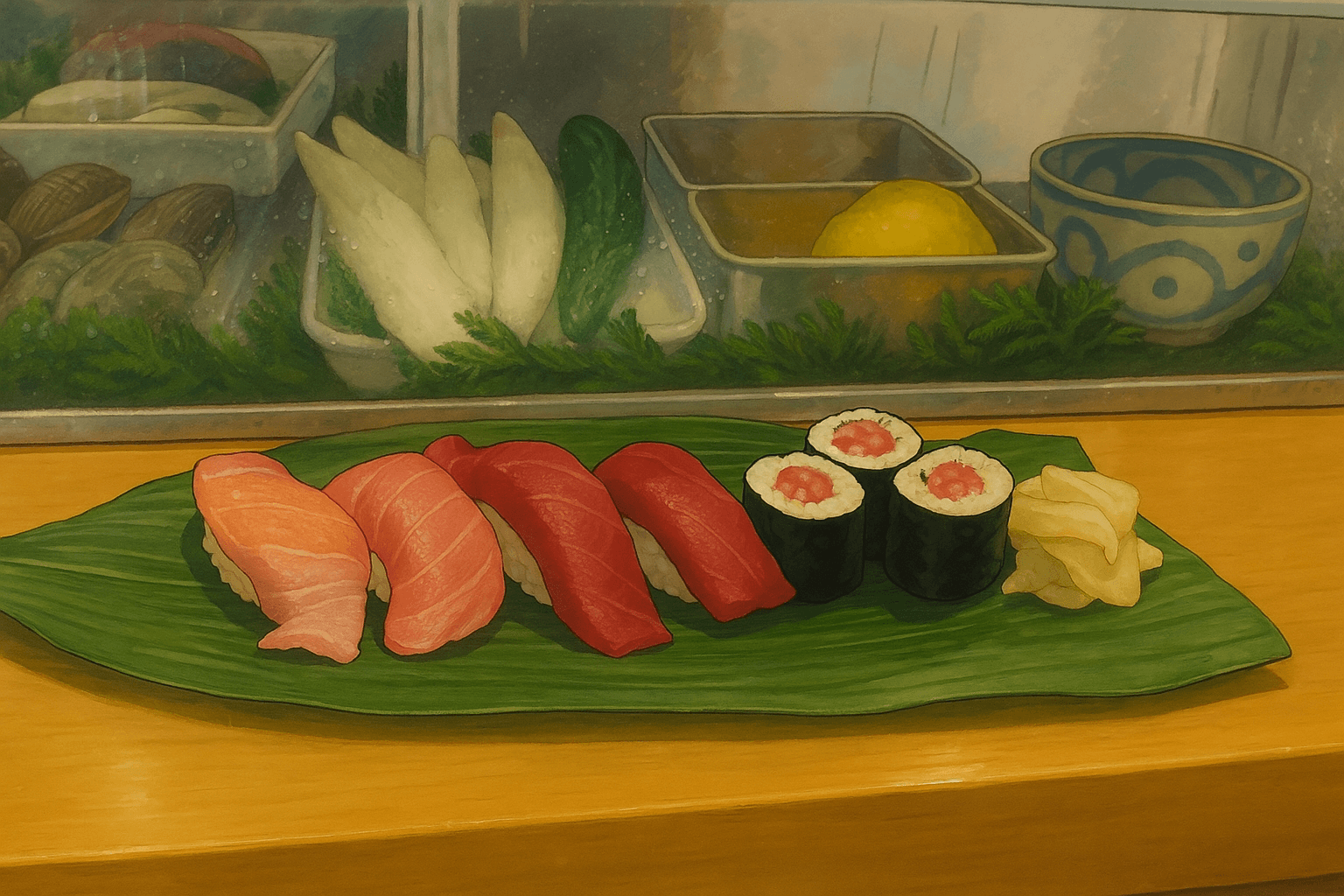 Delicious sushi laid out on a banana leaf