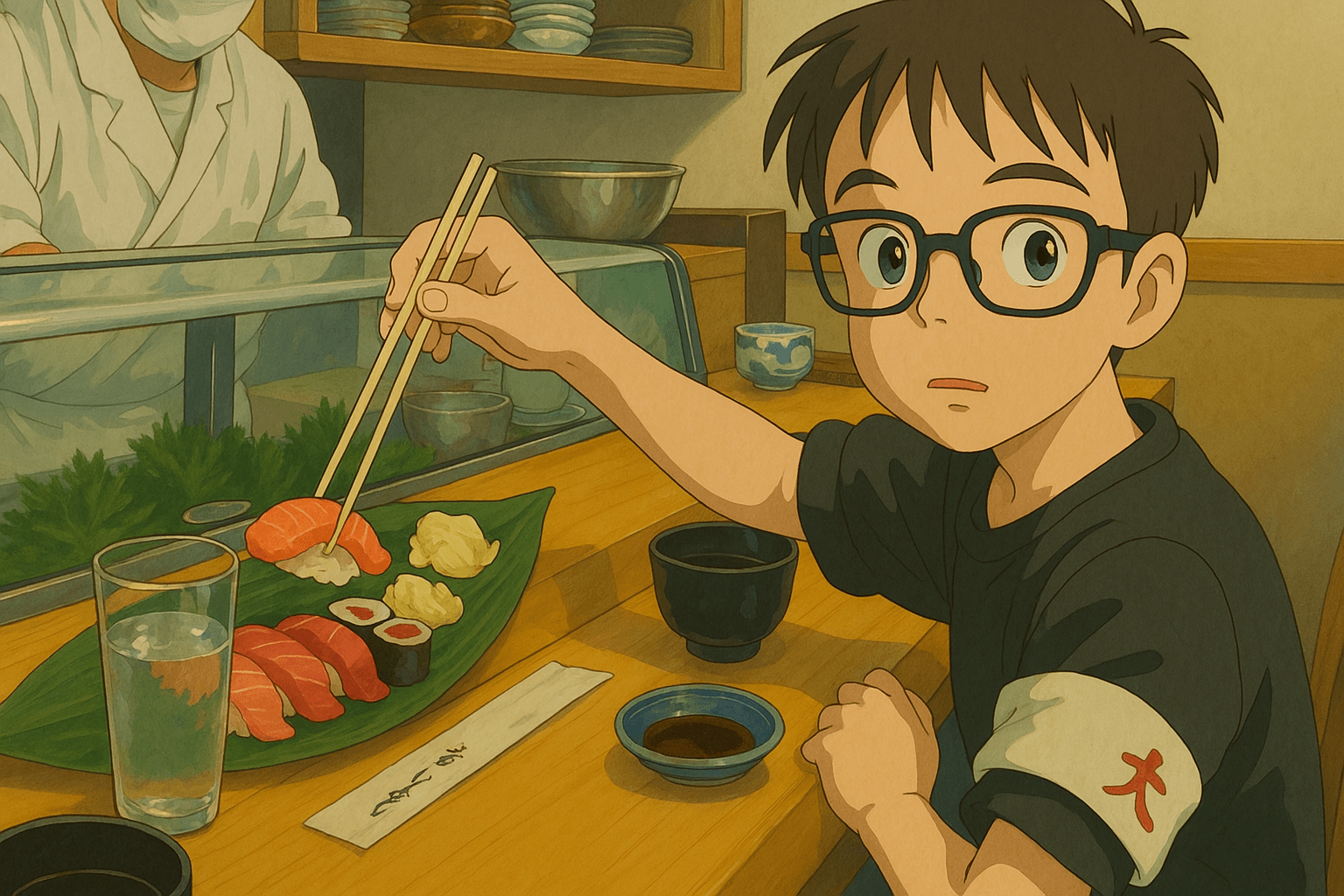Dexter sampling the delicious sushi laid out on a banana leaf