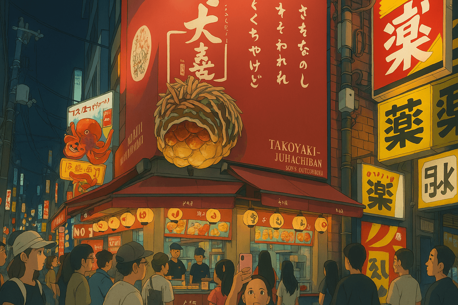 Exterior of Takoyaki Juhachiban, it has a giant Takoyaki sculpture on the front of it