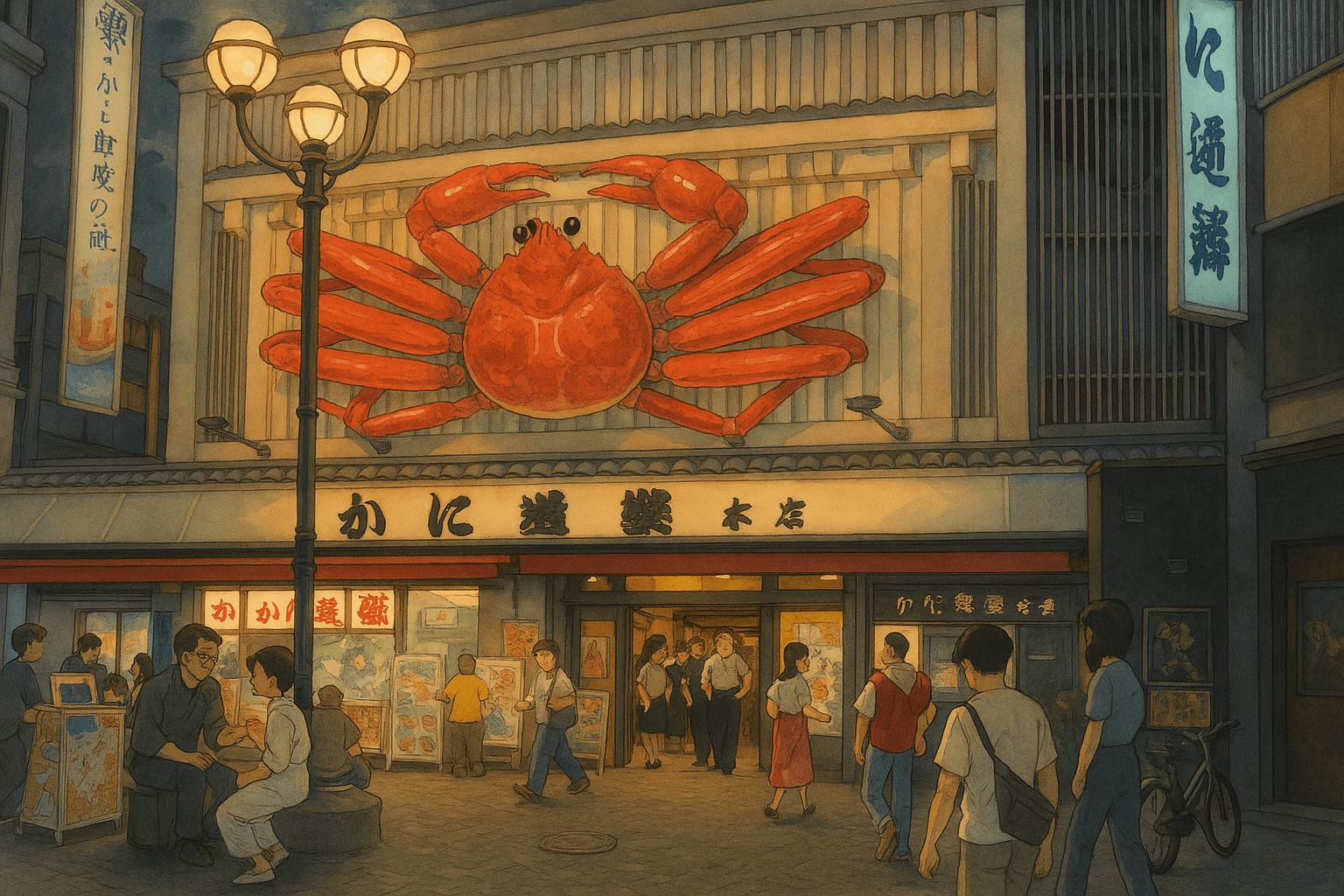 Famous Snow Crab restaurant, Kani Doraku in Osaka, with a Giant Snow Crap sculpture oni the front