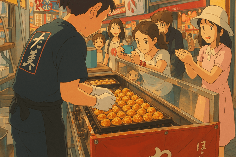 Takoyaki beibng prepared by a street vendor at Takoyaki Juhachiban, Dotonbori.