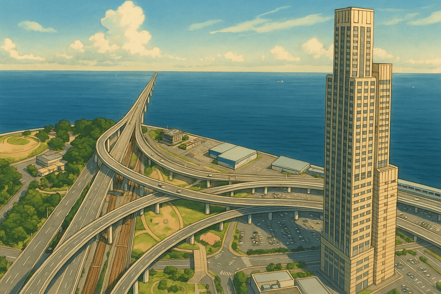 View of Odysis Suites Hotel, the motorway next to it, and the sea with a long road heading into the distance
