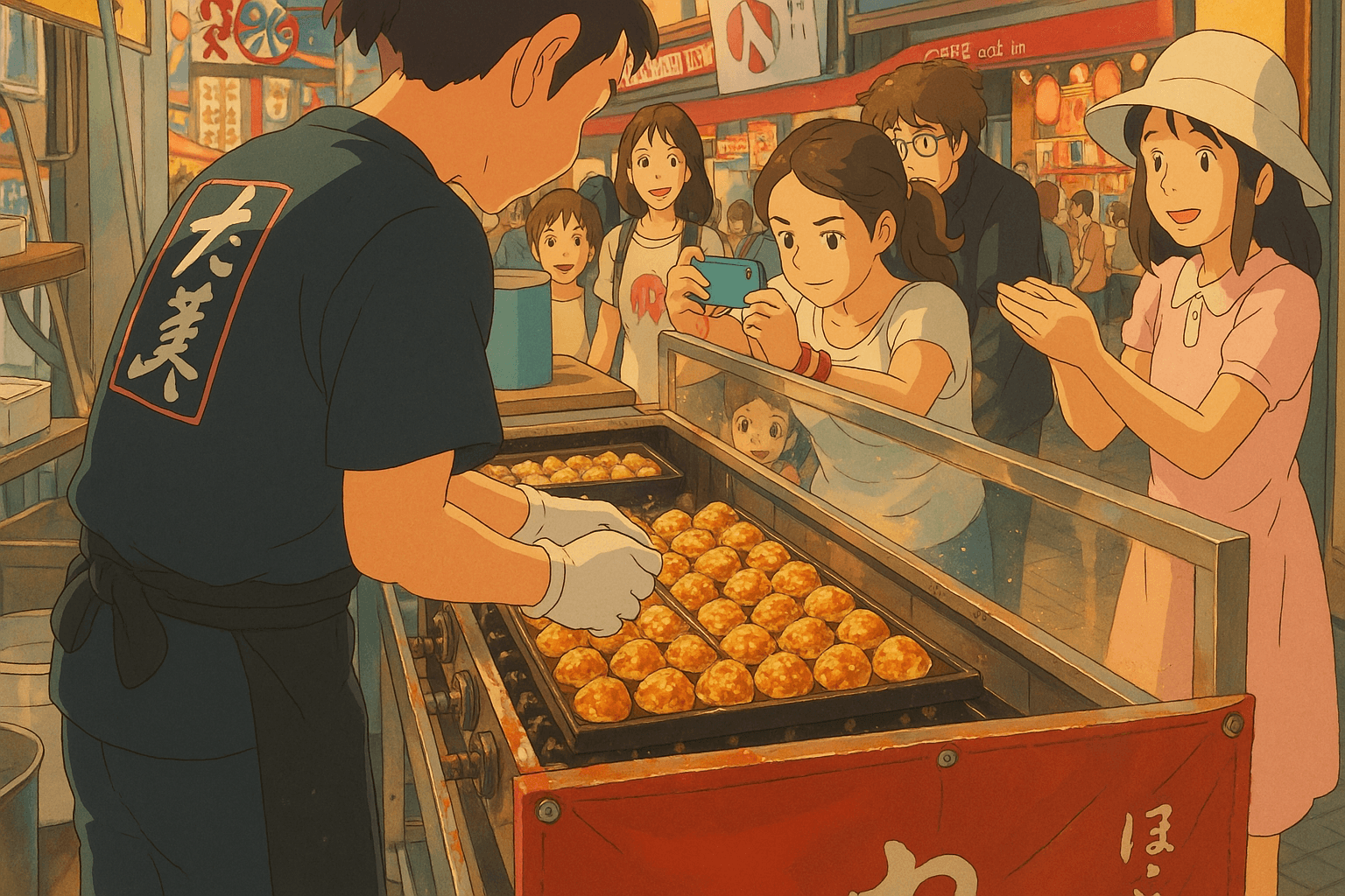 Takoyaki beibng prepared by a street vendor at Takoyaki Juhachiban, Dotonbori.